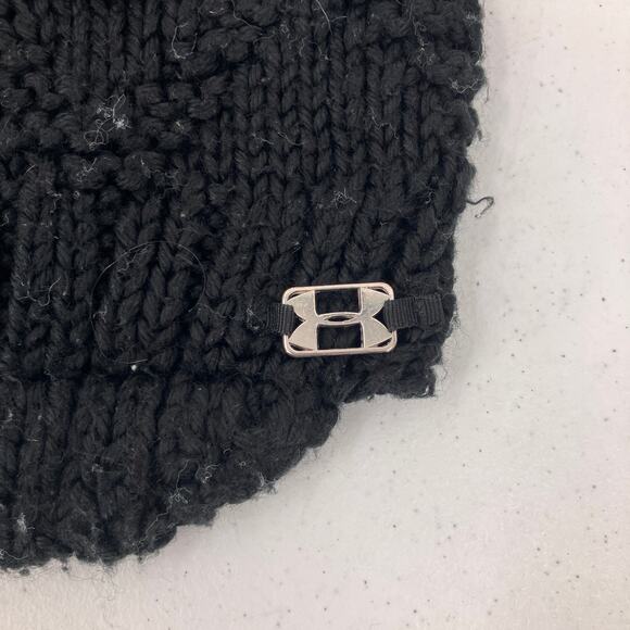 Under Armour Black Gray Metal Logo Knit Lined Pull On Stretch Winter Beanie Hat - Picture 2 of 8